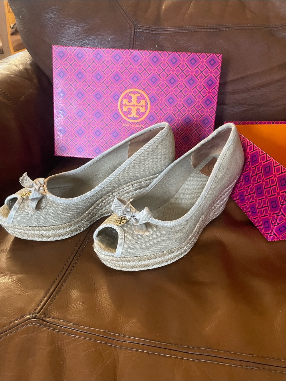Tory Burch Gray Canvas Espadrille Wedge Peep-Toe with Logo Charm